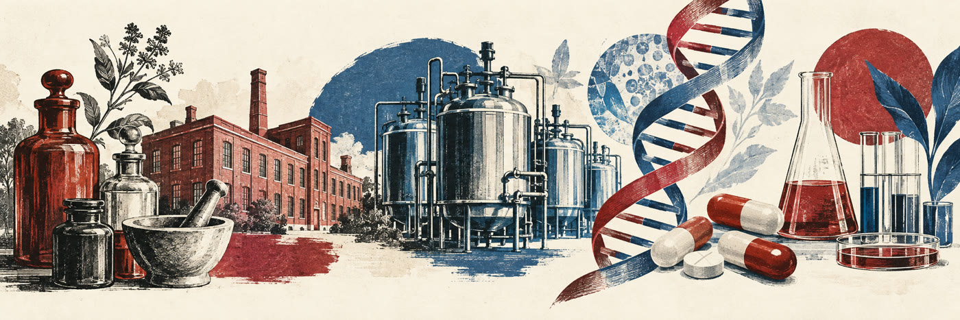 Editorial illustration of pharmacy bottles, a brick laboratory, fermentation vessels and a DNA ribbon