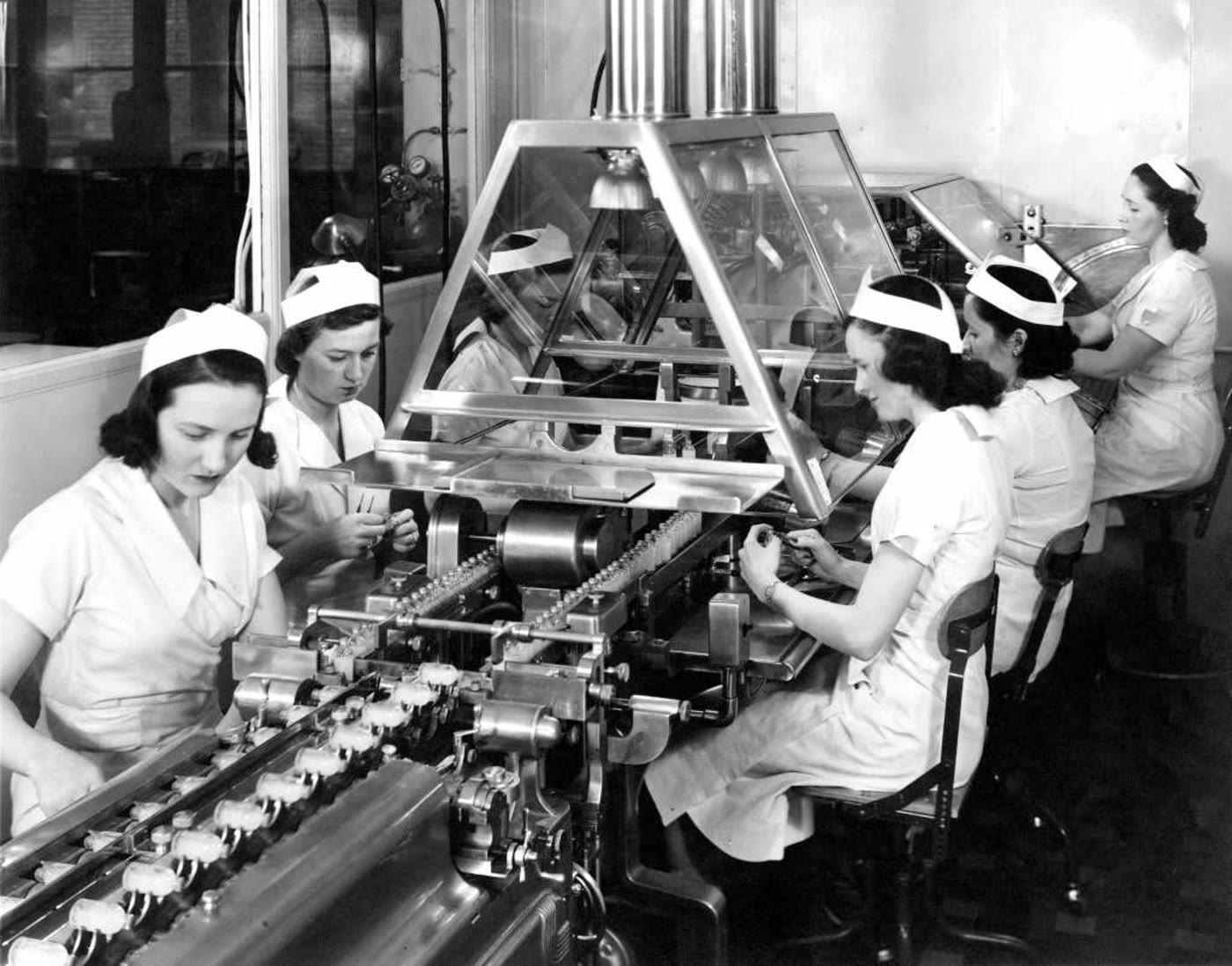Lilly employees working on a penicillin production line in the 1940s