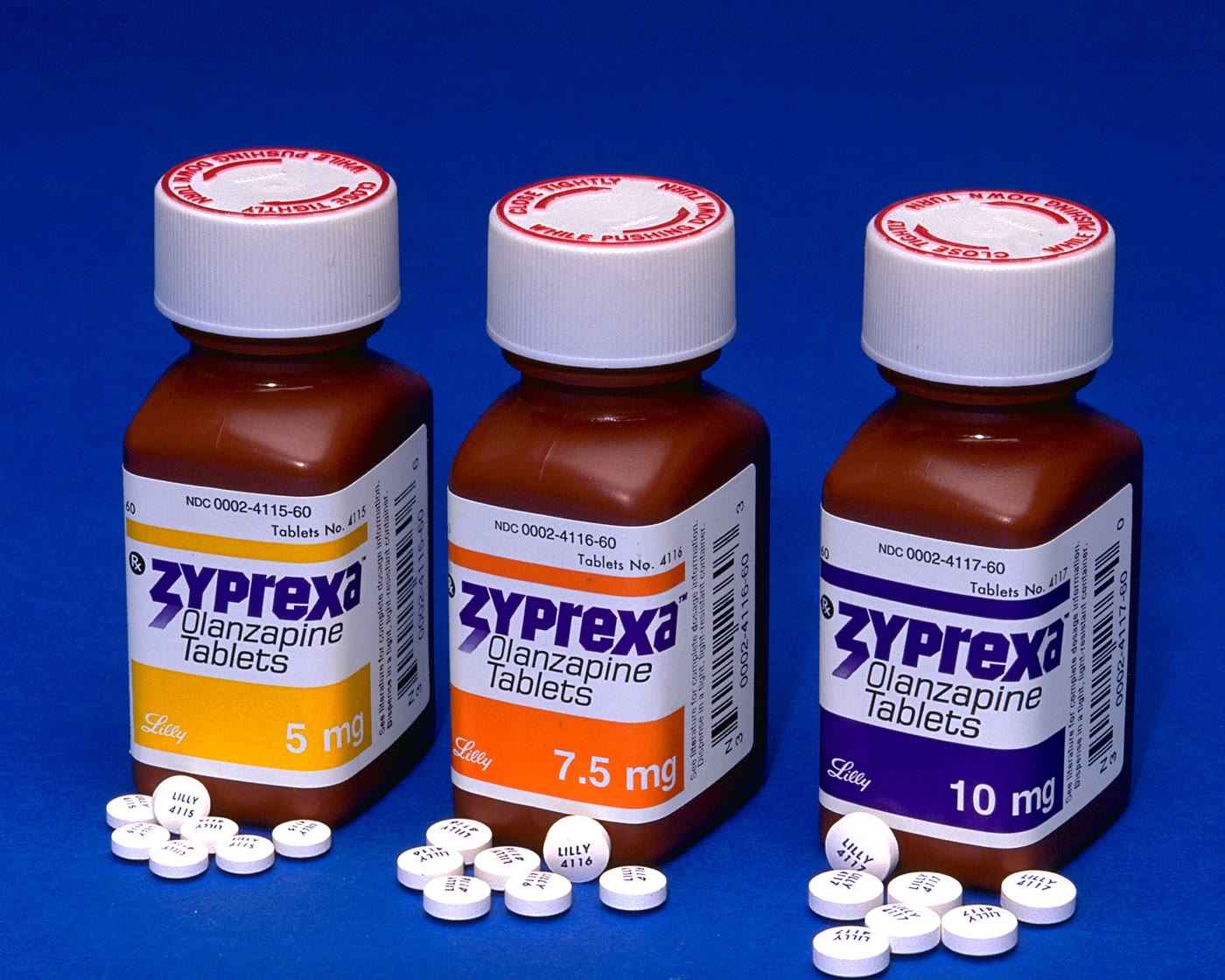 Historical bottles of Zyprexa in different strengths