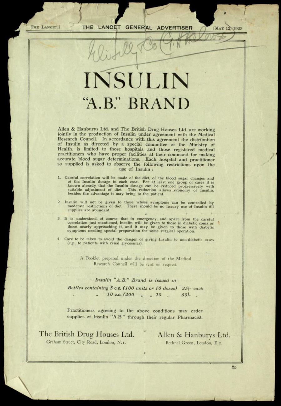 A 1923 full-page advertisement headed Insulin A.B. Brand.